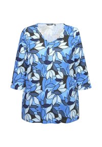Blaue Tunika mit floralem Blattmuster in verschiedenen Blautönen und Schwarz, mit V-Ausschnitt und dreiviertel Ärmeln. Weicher Stofftextur.