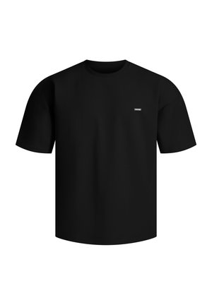 Zwarte t-shirt met korte mouwen en een ronde hals. Gemaakt van zachte stof en heeft een klein merklabel aan de linkerkant van de voorkant.