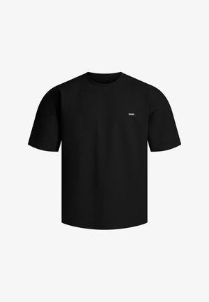 Zwarte t-shirt met korte mouwen en een ronde hals. Gemaakt van zachte stof en heeft een klein merklabel aan de linkerkant van de voorkant.