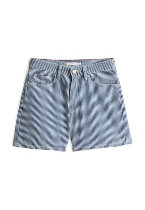 Mėlynai ir baltai dryžuoti džinsiniai šortai su priekinėmis kišenėmis, sagomis ir siūtomis apdailomis. Lengvas audinys, patogus kirpimas.