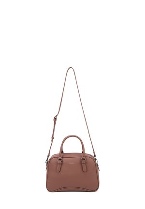 Borsa a mano in pelle marrone con un design strutturato, manici doppi, una tracolla regolabile e un discreto logo sulla parte anteriore.