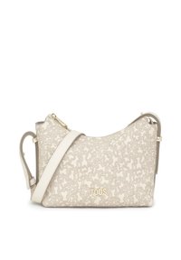 Bolso de hombro beige con un diseño curvado, que presenta un cierre de cremallera en tono dorado y una correa ajustable. Logo de la marca embellecido en la parte frontal.