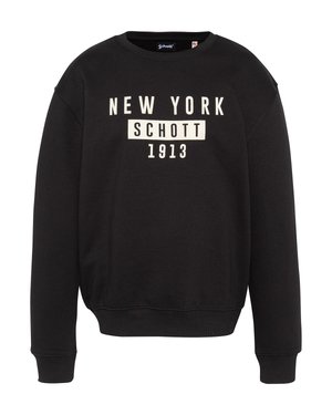 Sudadera negra con cuello redondo y texto blanco que dice "NEW YORK," "SCHOTT" en un recuadro resaltado, y "1913" debajo en la parte delantera.