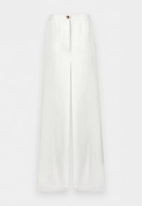 Λευκό παντελόνι με ψηλή μέση και φαρδιά μπατζάκια, με άνοιγμα μπροστά, κούμπωμα με κουμπί και καθαρό, μινιμαλιστικό σχέδιο.