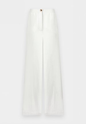 Witte, hoge taille, wijde broek met een split aan de voorkant, knoopsluiting en een strak, minimalistisch ontwerp.