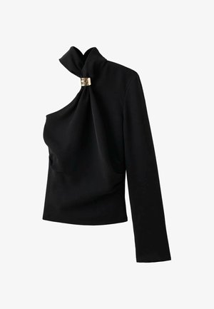 Top negro de un solo hombro hecho de tela suave, con un cierre en el cuello con nudo y un detalle dorado en el hombro. Manga larga en un lado.