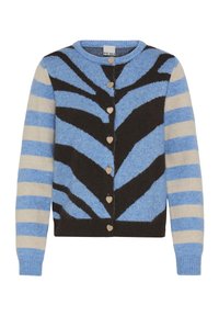 Cardigan a righe blu e nere con bottoni a forma di cuore, dotato di scollatura rotonda e tessuto morbido e texture. Il design include motivi audaci.
