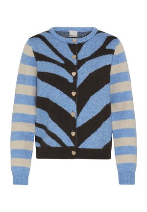 Cardigan a righe blu e nere con bottoni a forma di cuore, dotato di scollatura rotonda e tessuto morbido e texture. Il design include motivi audaci.