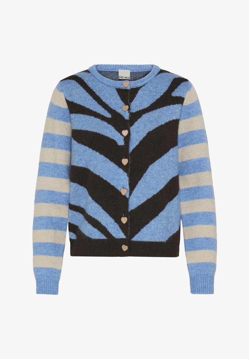 Cardigan a righe blu e nere con bottoni a forma di cuore, dotato di scollatura rotonda e tessuto morbido e texture. Il design include motivi audaci.