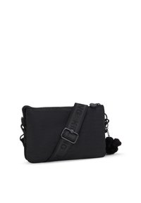 Borsa a tracolla nera in nylon con chiusura a zip, dotata di una tracolla testurizzata con dettaglio del logo e una decorazione a pompon.