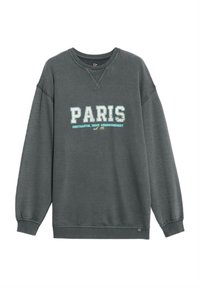  mikina v antracitově šedé barvě s kulatým výstřihem, dlouhými rukávy a nápisem "PARIS" vytištěným bílou a tyrkysovou barvou. Má žebrované manžety a lem. Měkká textura.