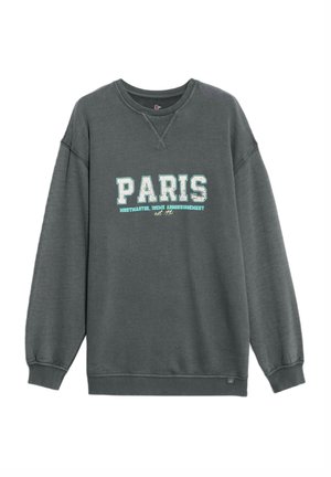 Hematietgrijs sweatshirt met ronde hals, lange mouwen en "PARIS" gedrukt in wit en teal. Beschikt over ribgebreide manchetten en zoom. Zachte textuur.