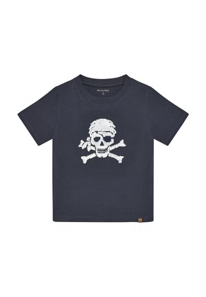 Navy blue cotton T-shirt featuring a white skull and crossbones design on the front. Short sleeves and a crew neckline are present.