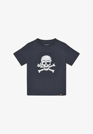 Marineblaues Baumwoll-T-Shirt mit einem weißen Totenkopf- und gekreuzte Knochen-Design auf der Vorderseite. Kurzärmlig mit Rundhalsausschnitt.