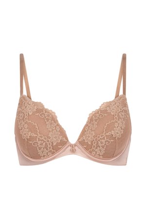 Lichtbeige bh van kant en satijn met driehoekige cups, verstelbare bandjes en een decoratieve knoop in het midden. Zachte textuur en bloemenpatroon.