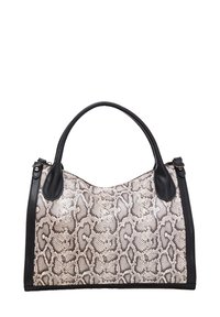 Borsa con motivo in pelle di serpente dai colori beige e nero, con dettagli in pelle liscia e due manici arrotondati.