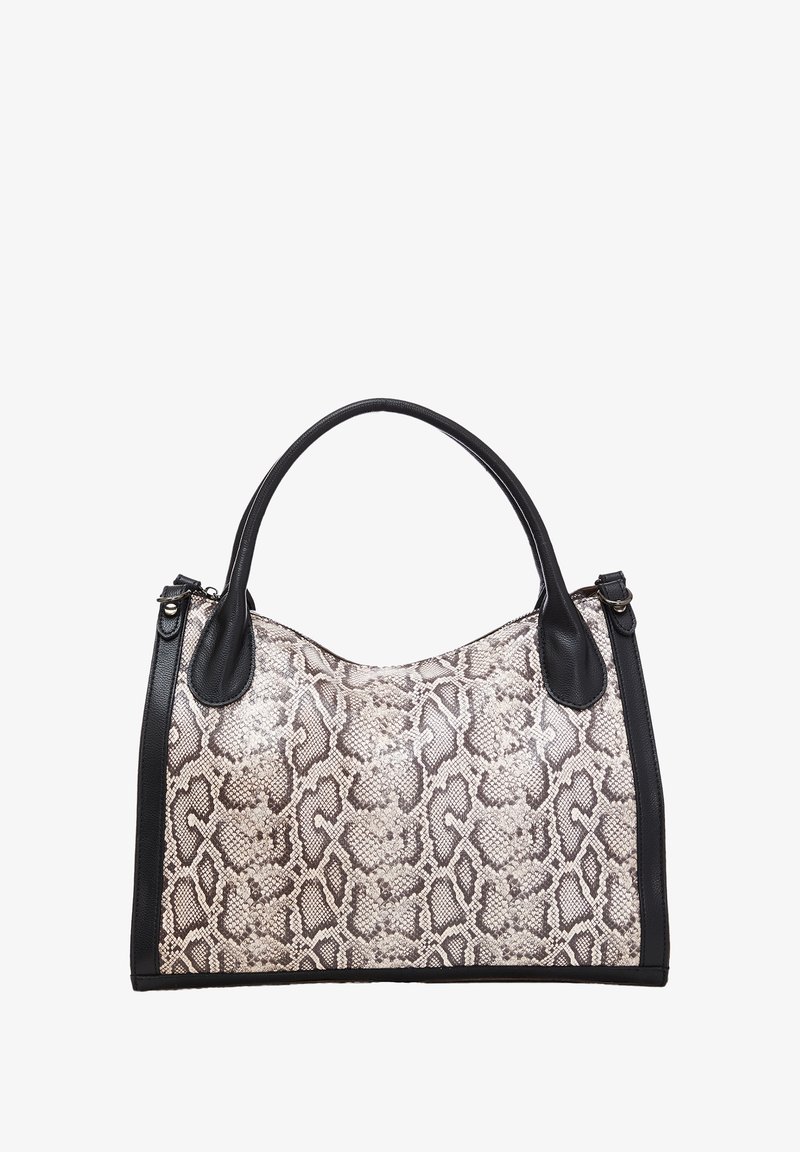 Tasket med slangeskinds mønster i beige og sort farveskema, med glatte læderdetaljer og to afrundede håndtag.