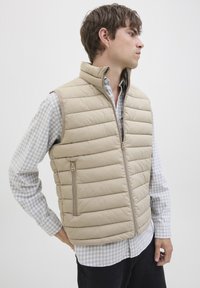 Hombre con chaleco acolchado beige sobre una camisa a cuadros azul claro, de pie con la mano en la cadera, mirando hacia su derecha contra un fondo blanco liso.