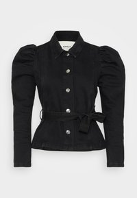 Mustat farkkutakkia, jossa on puffet pitkät hihat, etupainike sulkeminen, kaulus ja sidottava vyö.