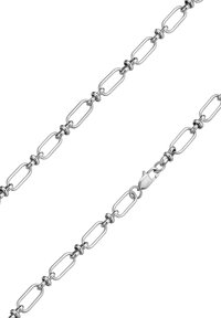 Srebrny metalowy łańcuszek z wydłużonymi owalnymi ogniwami i okrągłymi akcentami, z zapięciem sprężynowym. Gładka tekstura i błyszczące wykończenie.