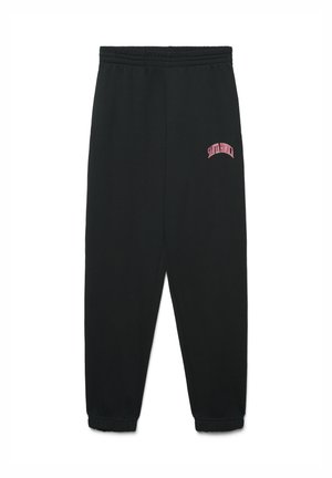 Pantaloni della tuta neri con cintura elastica, decorati con la scritta "SANTA MONICA" ricamata in rosa, con fondo che si restringe alle caviglie.