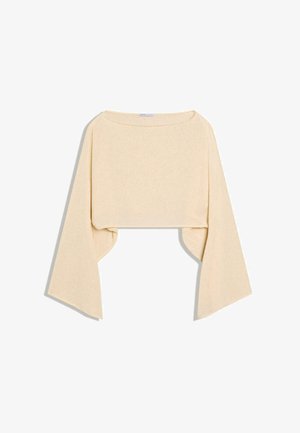 Béžový krátký pletený svetr se širokými, dlouhými zvonovými rukávy a mírně lodičkovým výstřihem.