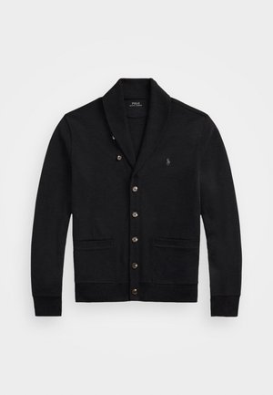 Zwarte cardigan van zachte stof, met een sjawlcollar, zes knopen sluiting, twee voorzakken en een klein logo op de borst.