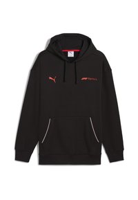 Hoodie noir avec poche kangourou, accents rouges, logo Puma et branding "Formula 1". Fabriqué à partir d'un tissu doux et texturé.