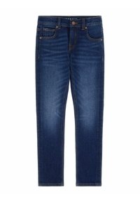 Jeans in denim blu scuro con vestibilità slim, design a cinque tasche, dettagli cuciti e chiusura con bottone brandizzato in vita.