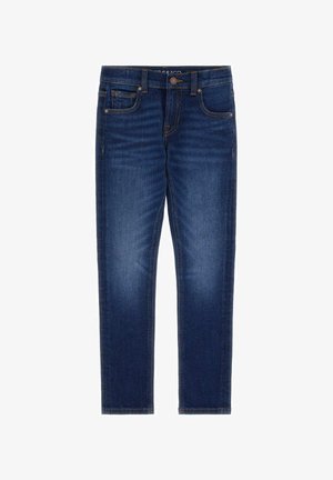 Dunkelblaue Denim-Jeans mit slim Fit, Fünf-Taschen-Design, gestickten Akzenten und einem gebrandeten Knopfverschluss an der Taille.