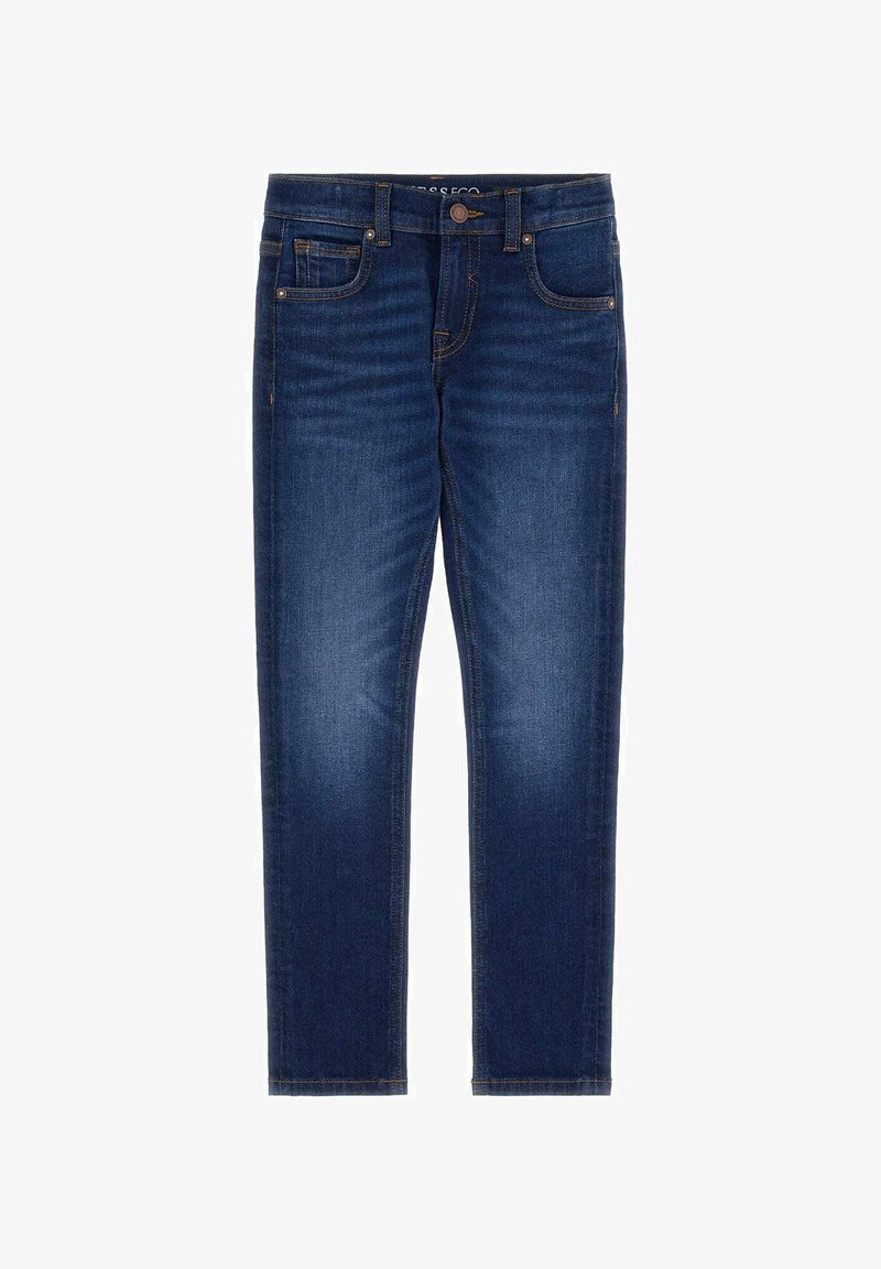 Tumedat sinised denim teksad kitsaste lõigetega, viie taskuga disain, õmblusdetailid ja bränditud nupuga sulgur vööl.