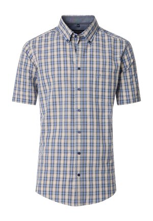 Kurzärmliges Button-Up-Shirt im blau-creme-grünen Karomuster. Mit Brusttasche und rundem Saum sowie blauen Knöpfen.