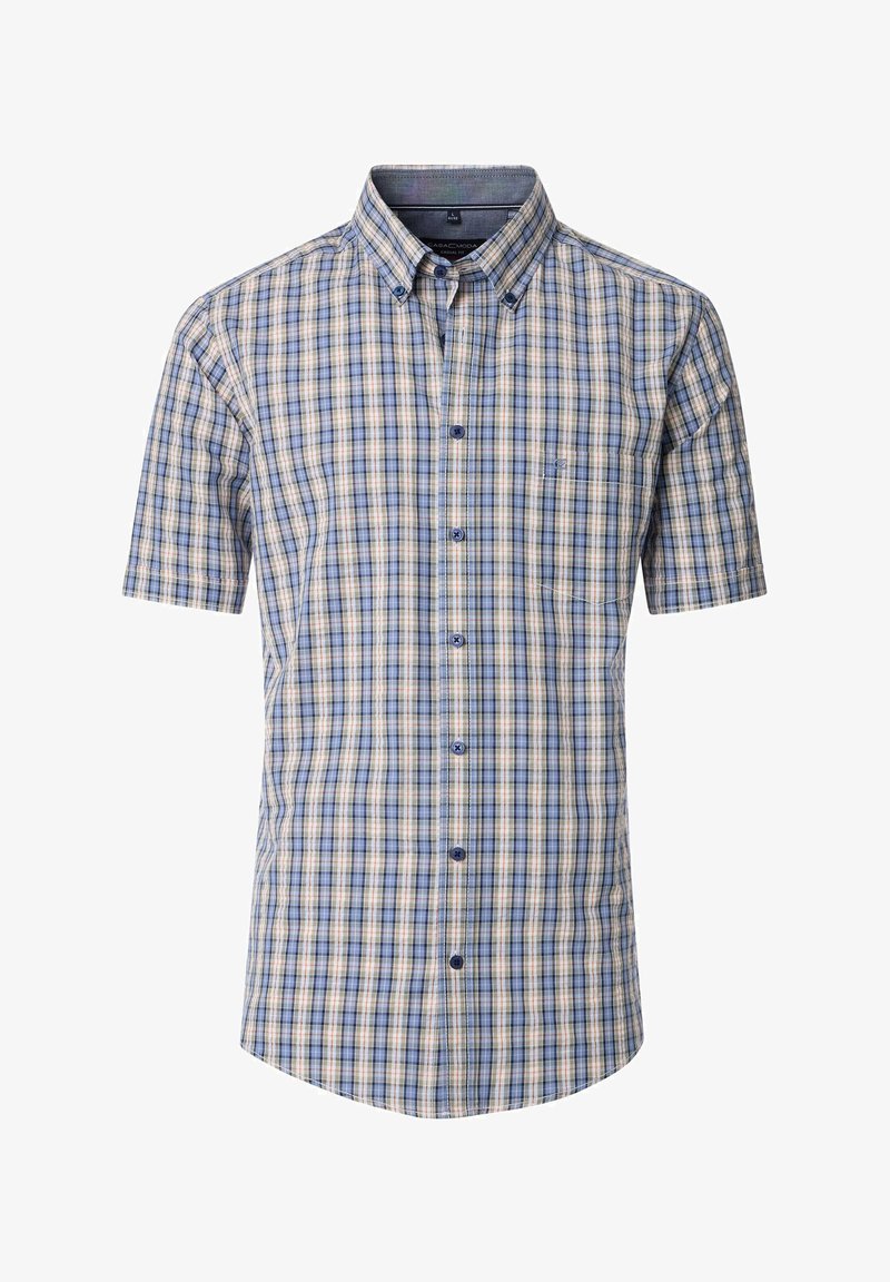 Kurzärmliges Button-Up-Shirt im blau-creme-grünen Karomuster. Mit Brusttasche und rundem Saum sowie blauen Knöpfen.