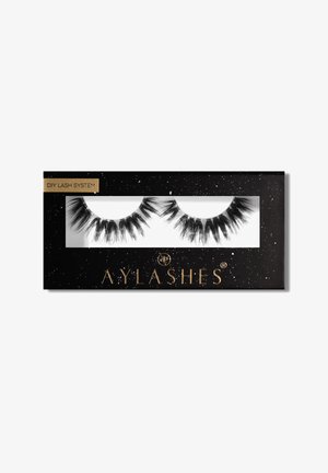 Black packaging with a transparent window showcasing two sets of black false eyelashes. Gold text reads “DIY Lash System” and “AY LASHES.”