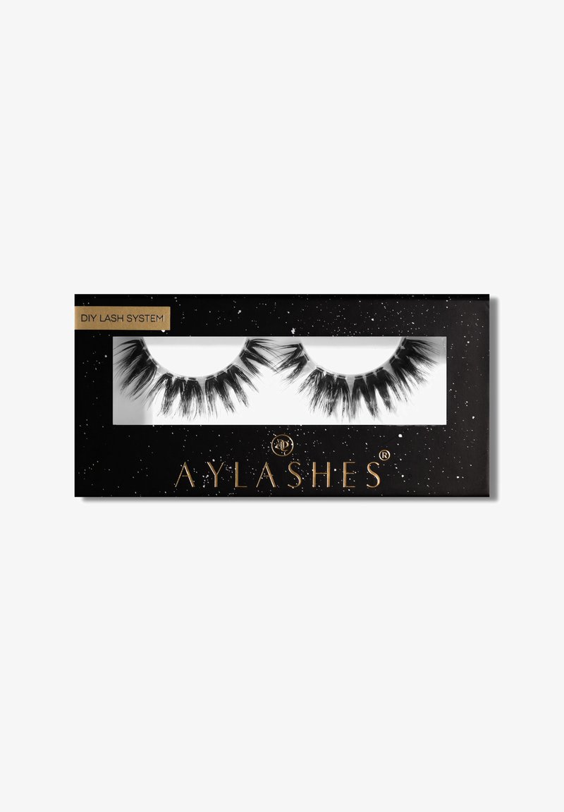 Black packaging with a transparent window showcasing two sets of black false eyelashes. Gold text reads “DIY Lash System” and “AY LASHES.”