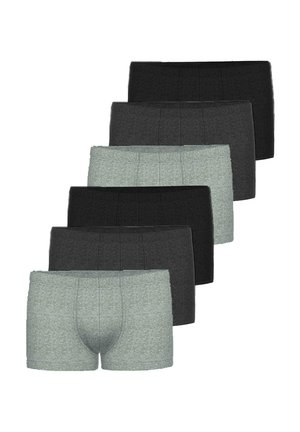 Sechs Paare Herren-Boxershorts in abwechselnden dunkelgrauen und hellgrauen Farben, angeordnet in zwei diagonalen Reihen auf weißem Hintergrund.