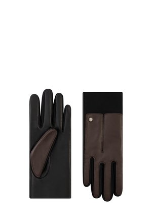 Pair of black and brown leather gloves, one showing palm side with thumb patch, the other showing back with a small metal button detail.