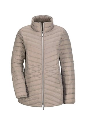 Beige gesteppte Puffjacke mit durchgehendem Reißverschluss und Stehkragen, entworfen für kaltes Wetter.