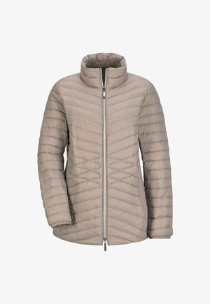 Beige gesteppte Puffjacke mit durchgehendem Reißverschluss und Stehkragen, entworfen für kaltes Wetter.