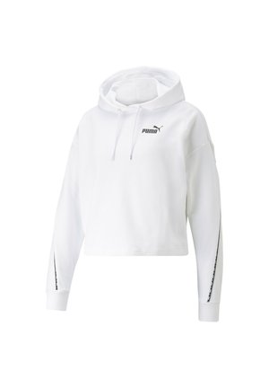 Biała skrócona bluza z kapturem z długimi rękawami, kaptur ze sznurkiem, czarne logo Puma na piersi i czarny pasek wzdłuż rękawów.
