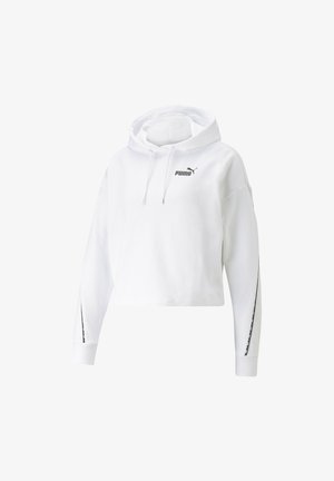 Biała skrócona bluza z kapturem z długimi rękawami, kaptur ze sznurkiem, czarne logo Puma na piersi i czarny pasek wzdłuż rękawów.
