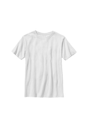Prosty biały bawełniany T-shirt z krótkim rękawem i okrągłym dekoltem, położony płasko na białym tle.