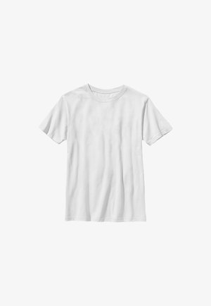 Prosty biały bawełniany T-shirt z krótkim rękawem i okrągłym dekoltem, położony płasko na białym tle.