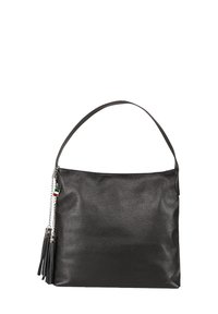 Sac en cuir noir texturé avec une seule sangle, détail de gland en chaîne argentée et petit charme de drapeau italien sur le côté.
