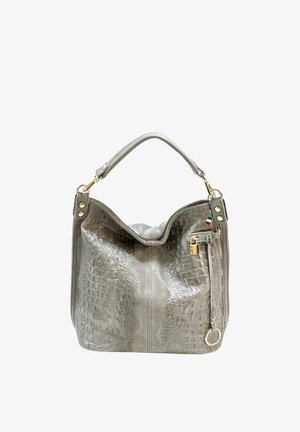 Sac à main en cuir gris texturé façon crocodile avec une poignée unique, une poche zippée à l'avant, des ferrures dorées et un petit porte-clés avec un drapeau italien.