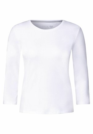 Biała koszulka z długim rękawem wykonana z miękkiej bawełny, z okrągłym dekoltem i gładką fakturą, o minimalnym designie.
