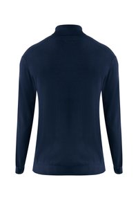 Marineblaues Langarm-Pullover mit hohem Kragen. Hat eine glatte Textur sowie gerippte Bündchen und Saum, die eine figurbetonte Silhouette bieten.