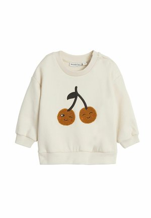 Jasny kremowy sweatshirt z zabawnym haftowanym wzorem wiśni z uśmiechniętymi twarzami, zaokrąglonym kształtem oraz ściągaczami w mankietach i na dole.