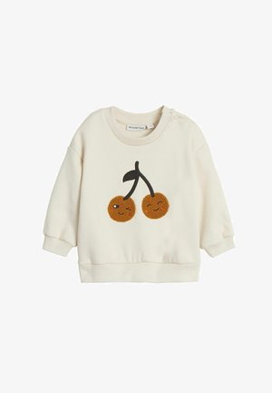 Crèmekleurige sweatshirt met een speelse geborduurde kersontwerp met lachende gezichten, ronde vorm, en geribbelde mouwen en onderkant.