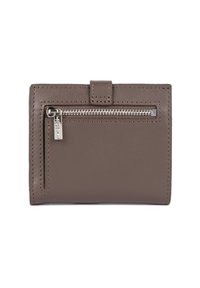 Portefeuille en cuir marron avec poche à fermeture éclair en métal à l'avant et détails rectangulaires cousus.